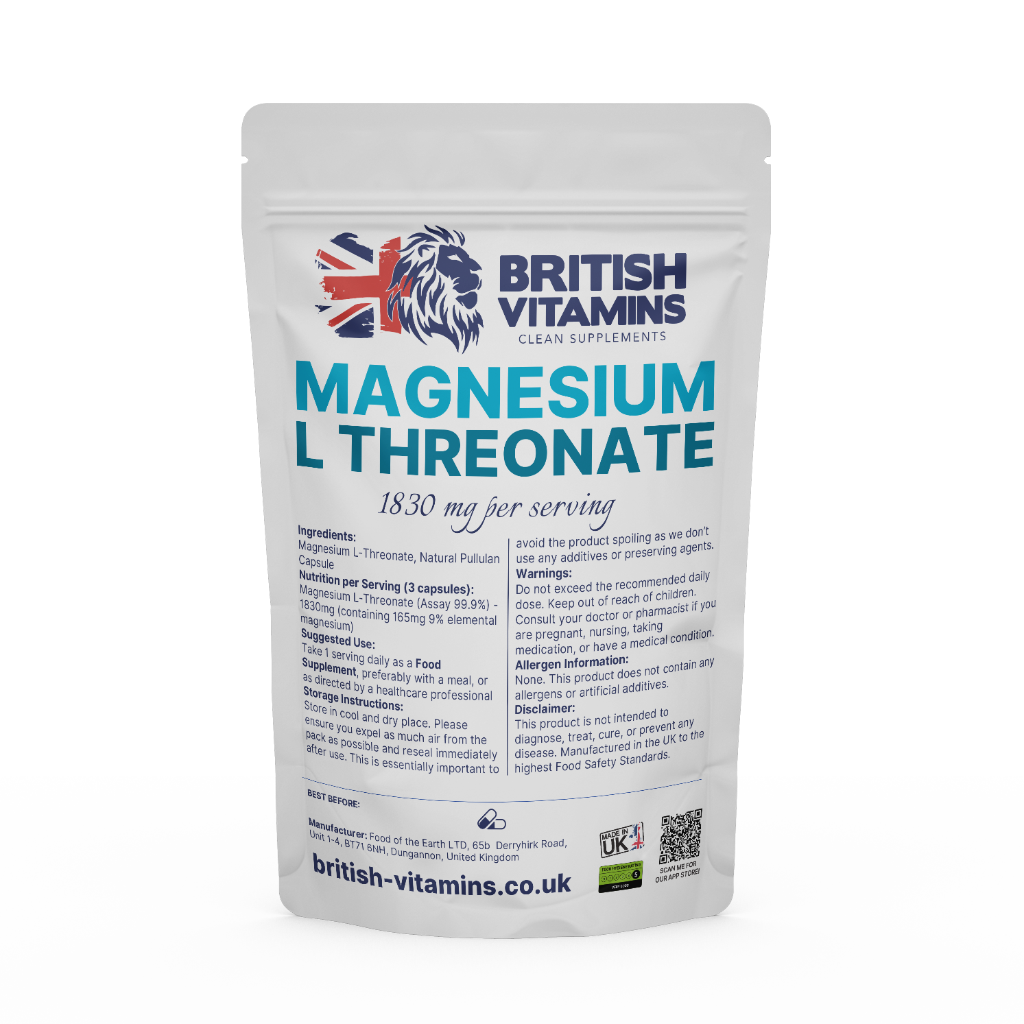 Magnesium L Threonate 1830mg Premium Minerals Capsules Health & Beauty:Vitamins & Lifestyle Supplements:Sports Supplements:Protein Shakes & Bodybuilding British Vitamins 5 capsules