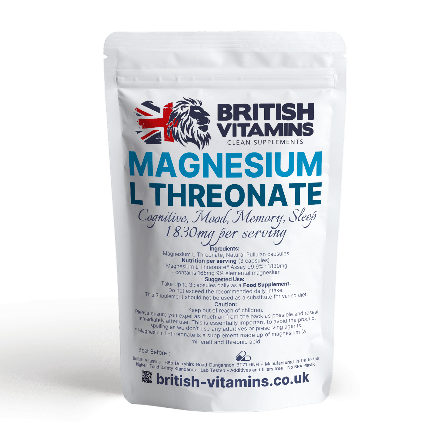 Magnesium L Threonate 1830mg Premium Minerals Capsules Nootropic Health & Beauty:Vitamins & Lifestyle Supplements:Sports Supplements:Protein Shakes & Bodybuilding British Vitamins   