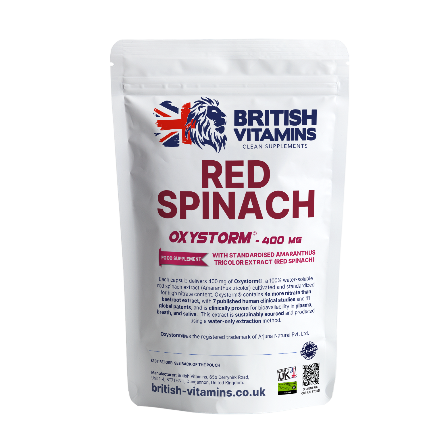 Oxystorm® Red Spinach Extract Natural Nitrate Source 10× More Potent Than Beetroot British Vitamins 60 Capsules