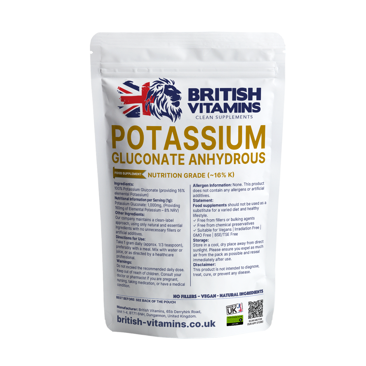 Potassium Gluconate Capsules – 88mg Elemental Potassium (from 555mg Gluconate)Potassium Gluconate Powder – 250g – Pure Electrolyte Support (~16% Potassium) – Vegan, Additive-Free, UK Made Health & Beauty:Vitamins & Lifestyle Supplements:Vitamins & Minerals British Vitamins