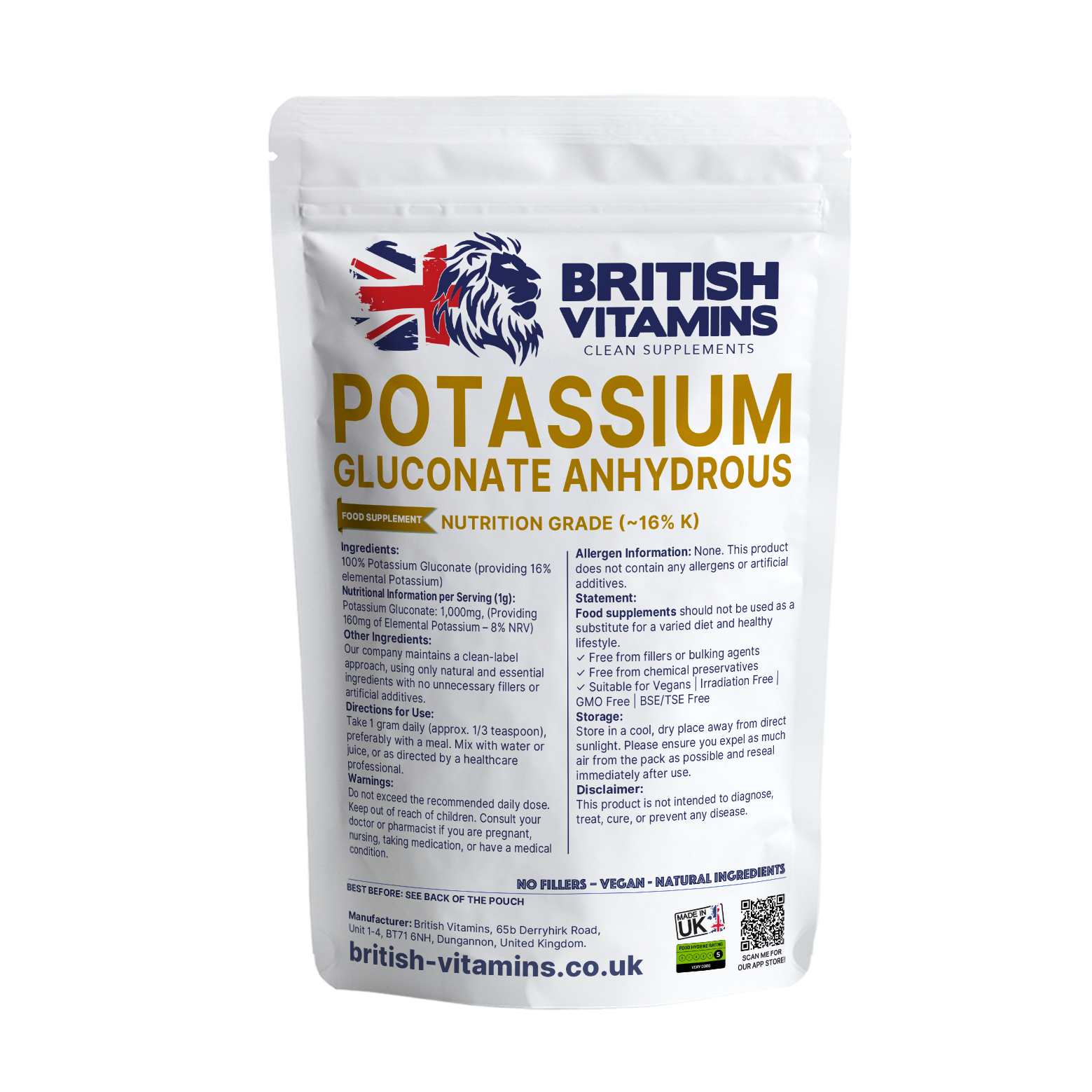 Potassium Gluconate Capsules – 88mg Elemental Potassium (from 555mg Gluconate)Potassium Gluconate Powder – 250g – Pure Electrolyte Support (~16% Potassium) – Vegan, Additive-Free, UK Made Health & Beauty:Vitamins & Lifestyle Supplements:Vitamins & Minerals British Vitamins