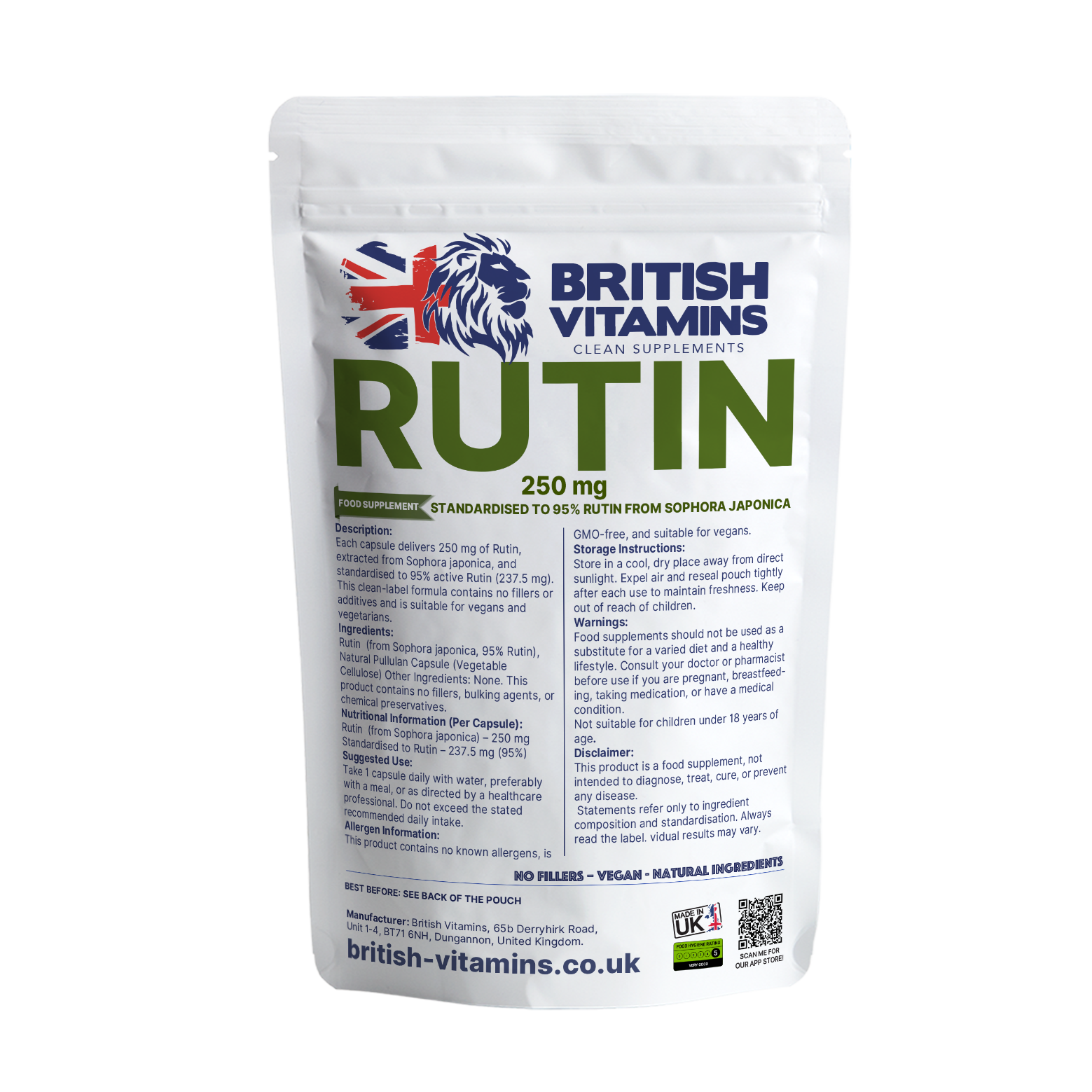 Rutin 250mg – from Sophora japonica | Clean Label Vegan Capsules British Vitamins 60 Capsules