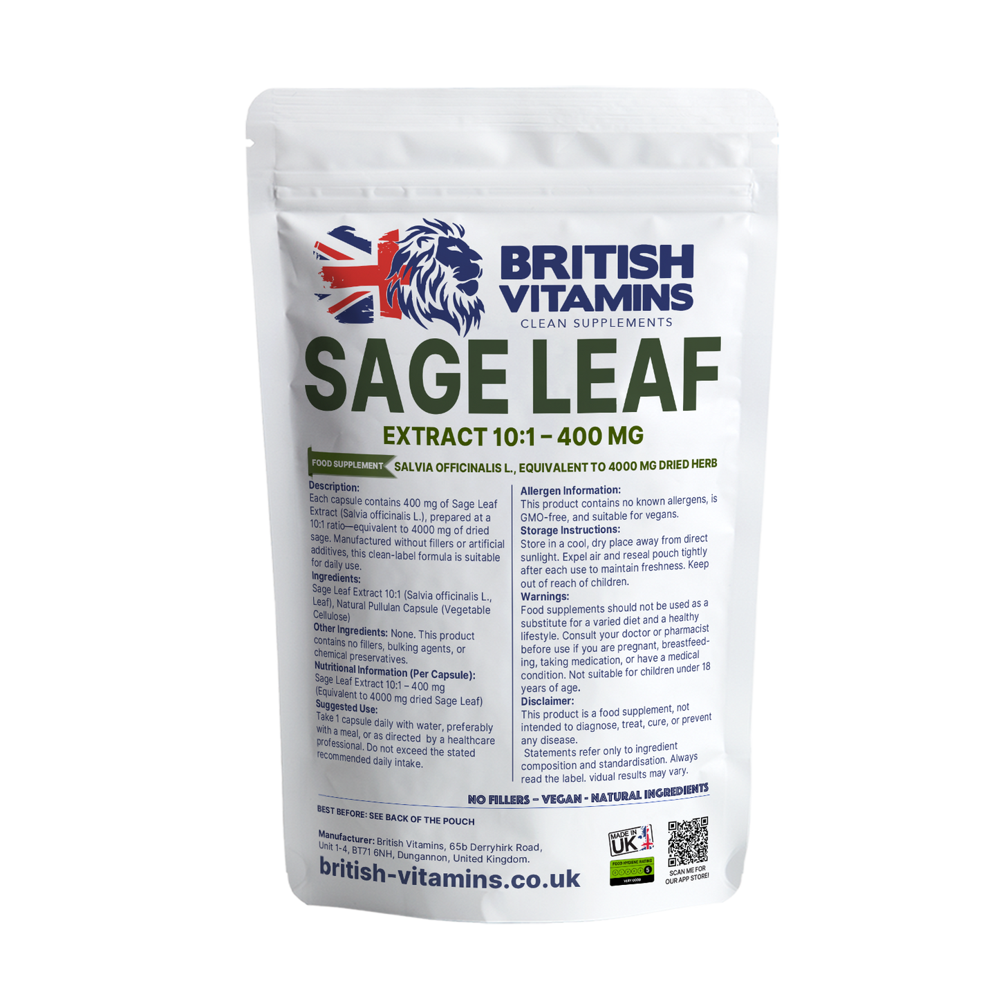 Sage Leaf Extract 10:1 – 400 mg British Vitamins 60 Capsules