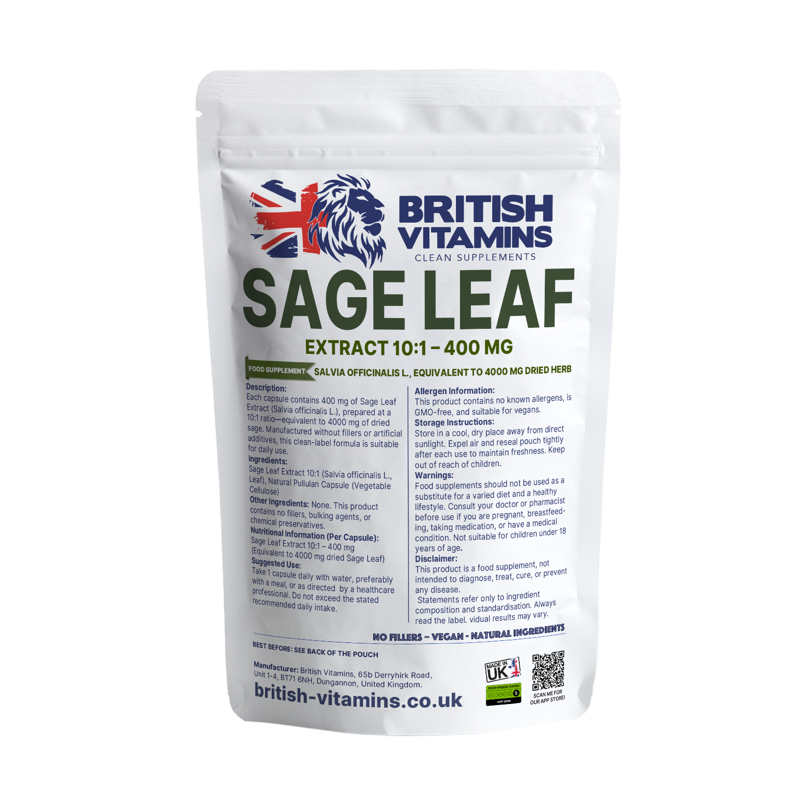 Sage Leaf Extract 10:1 – 400 mg British Vitamins 60 Capsules