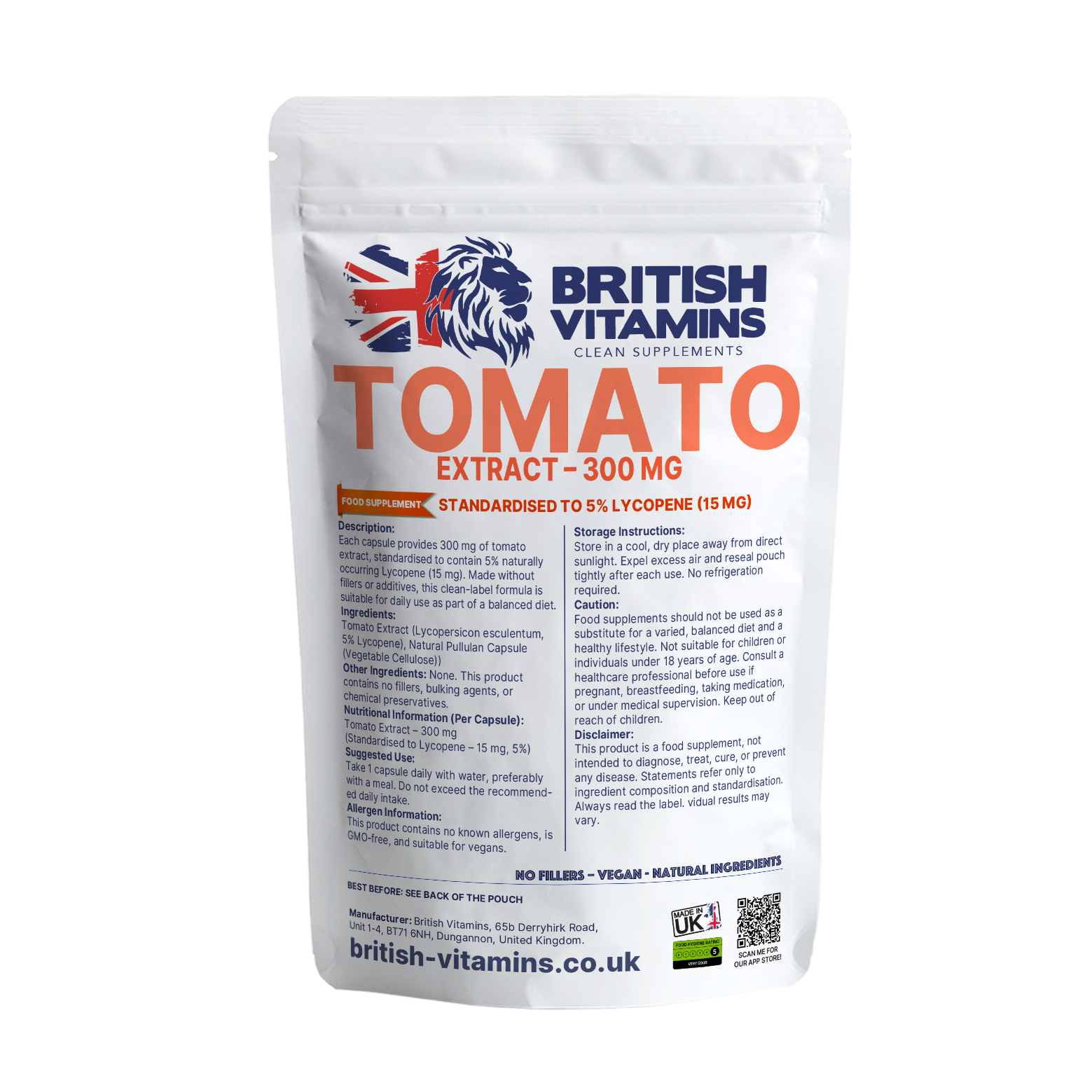 Tomato Extract 300mg – 5% Lycopene 15mg – Clean Label – No Fillers – Vegan – UK Made British Vitamins 60 Capsules