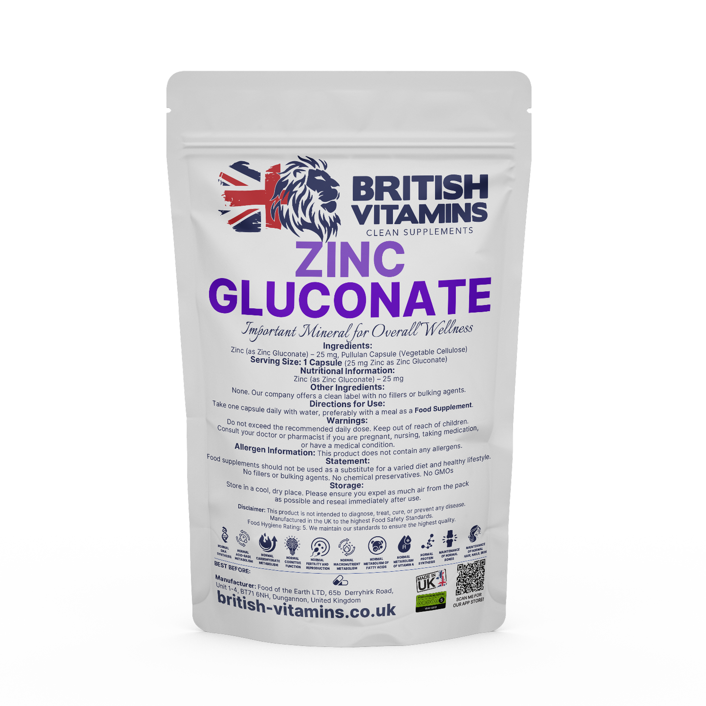 Zinc Gluconate elemental zinc 25mg Health & Beauty:Vitamins & Lifestyle Supplements:Vitamins & Minerals British Vitamins   