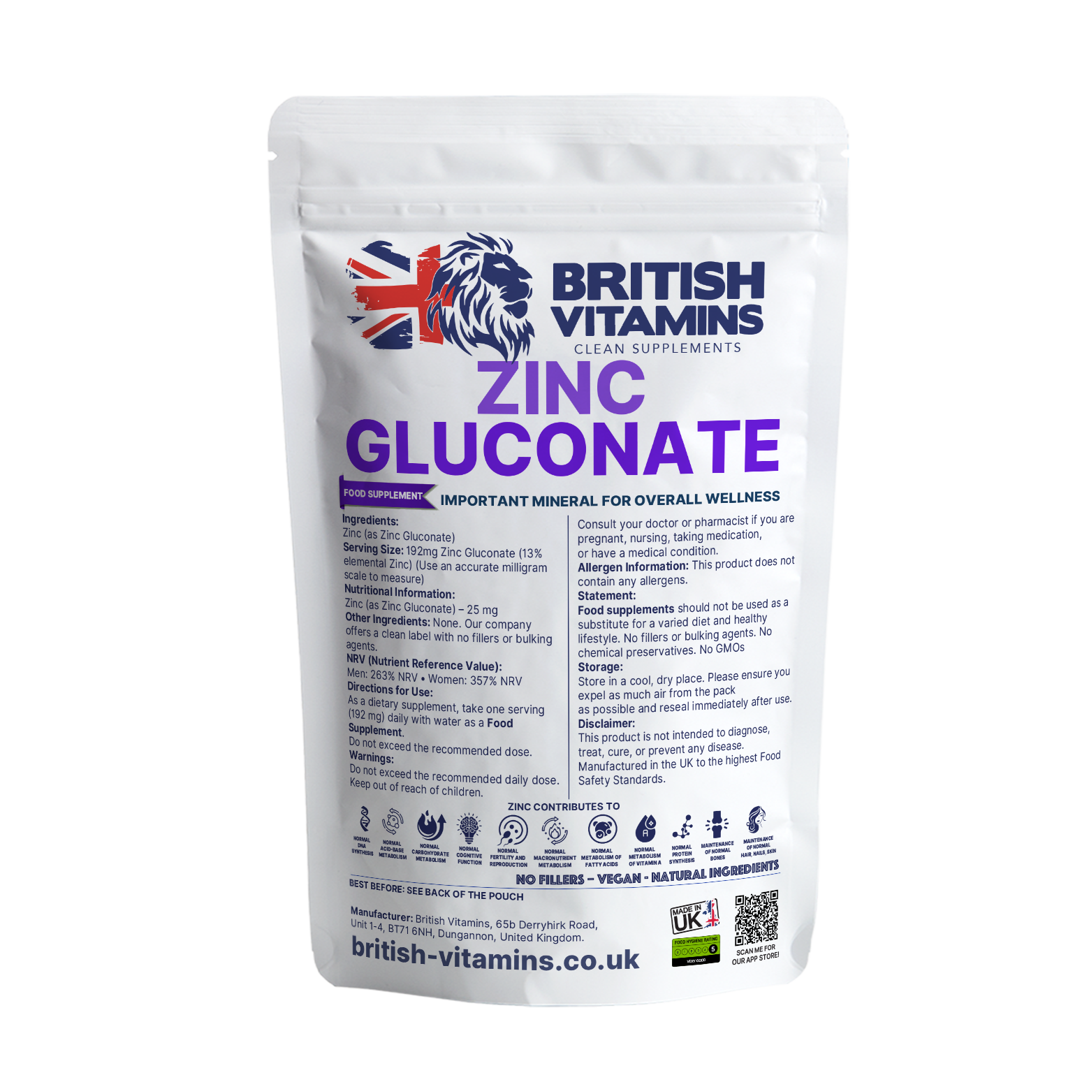 Zinc Gluconate elemental zinc 25mg Health & Beauty:Vitamins & Lifestyle Supplements:Vitamins & Minerals British Vitamins 200gr