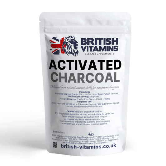 Activated Charcoal Capsules Delivered from Coconut Shells 760mg Detox Antioxidant British Vitamins 60 Capsules  