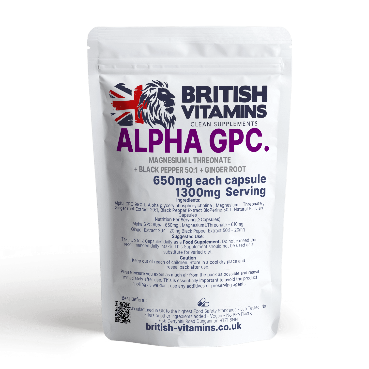 Alpha 650mg GPC Magnesium L Threonate Black Pepper Ginger Root Health & Beauty:Vitamins & Lifestyle Supplements:Vitamins & Minerals British Vitamins 5 Capsules ( Sample )  