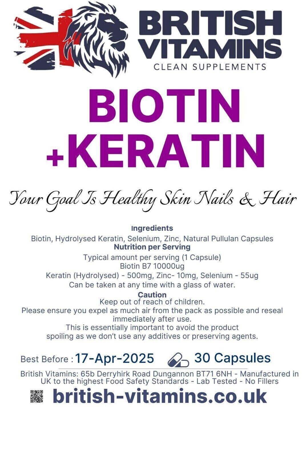 Biotin 10000mcg Hydrolysed Keratin Selenium Zinc Health & Beauty:Vitamins & Lifestyle Supplements:Vitamins & Minerals British Vitamins   