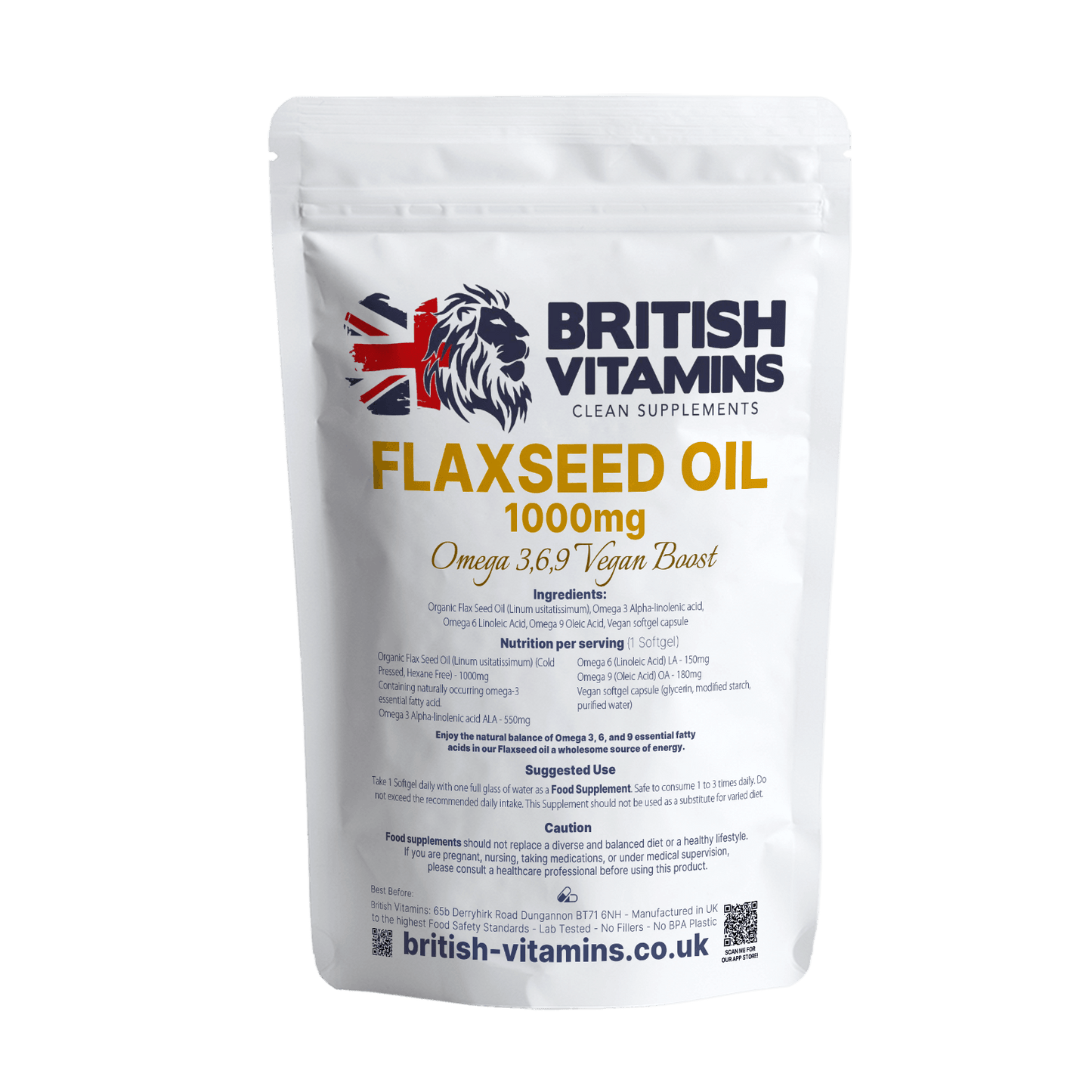Flaxseed Oil 1000mg Omega 3, 6, 9 Food Supplement British Vitamins 60 softgels  