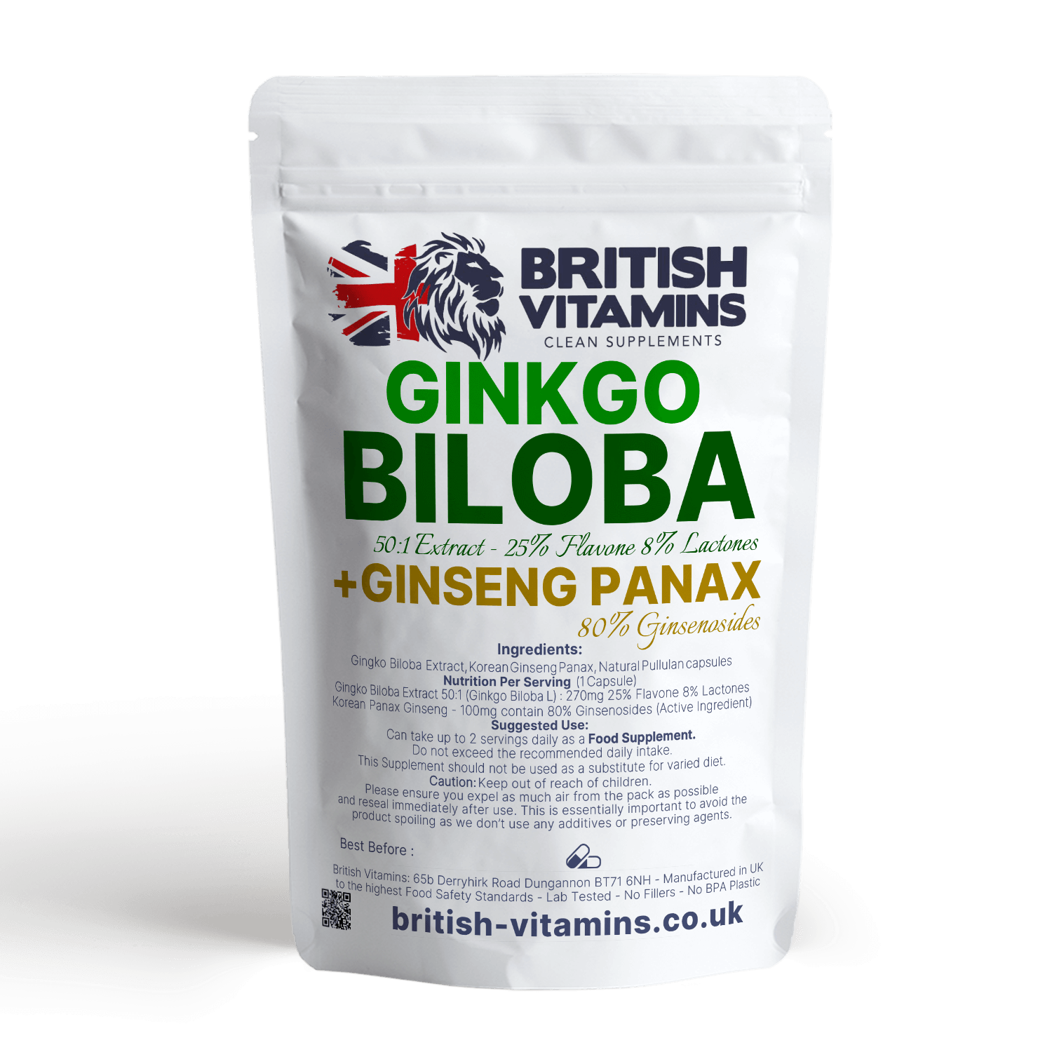 Ginkgo Biloba Capsules 50: 1 + Ginseng Panax Health & Beauty:Vitamins & Lifestyle Supplements:Vitamins & Minerals British Vitamins   