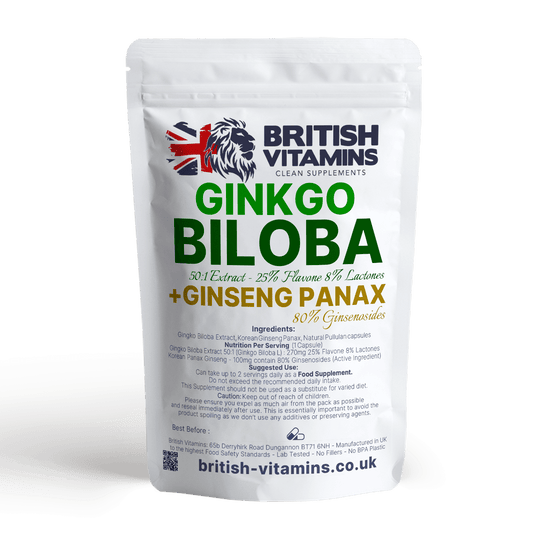 Ginkgo Biloba Capsules 50: 1 + Ginseng Panax Health & Beauty:Vitamins & Lifestyle Supplements:Vitamins & Minerals British Vitamins   
