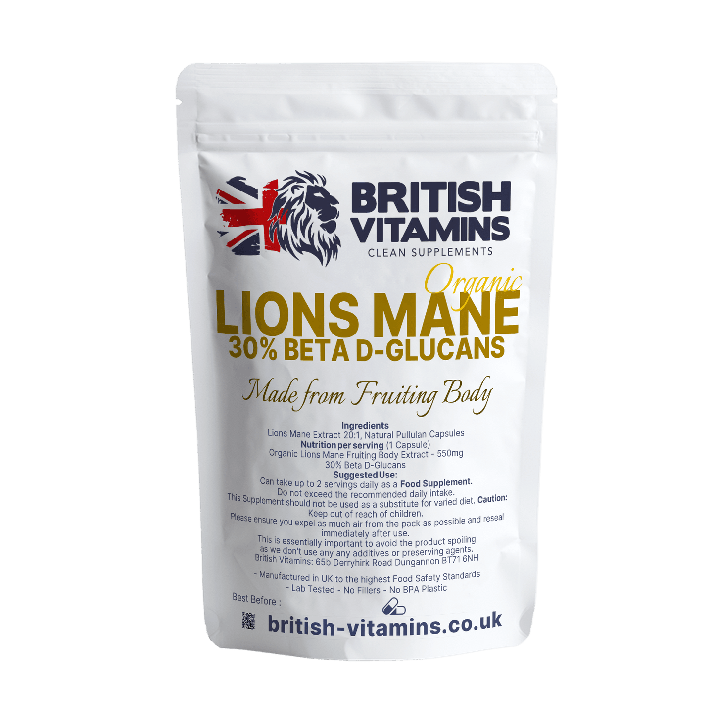 Lions Mane 30% Beta Glucans 550mg Food Supplement British Vitamins 60 Capsules  