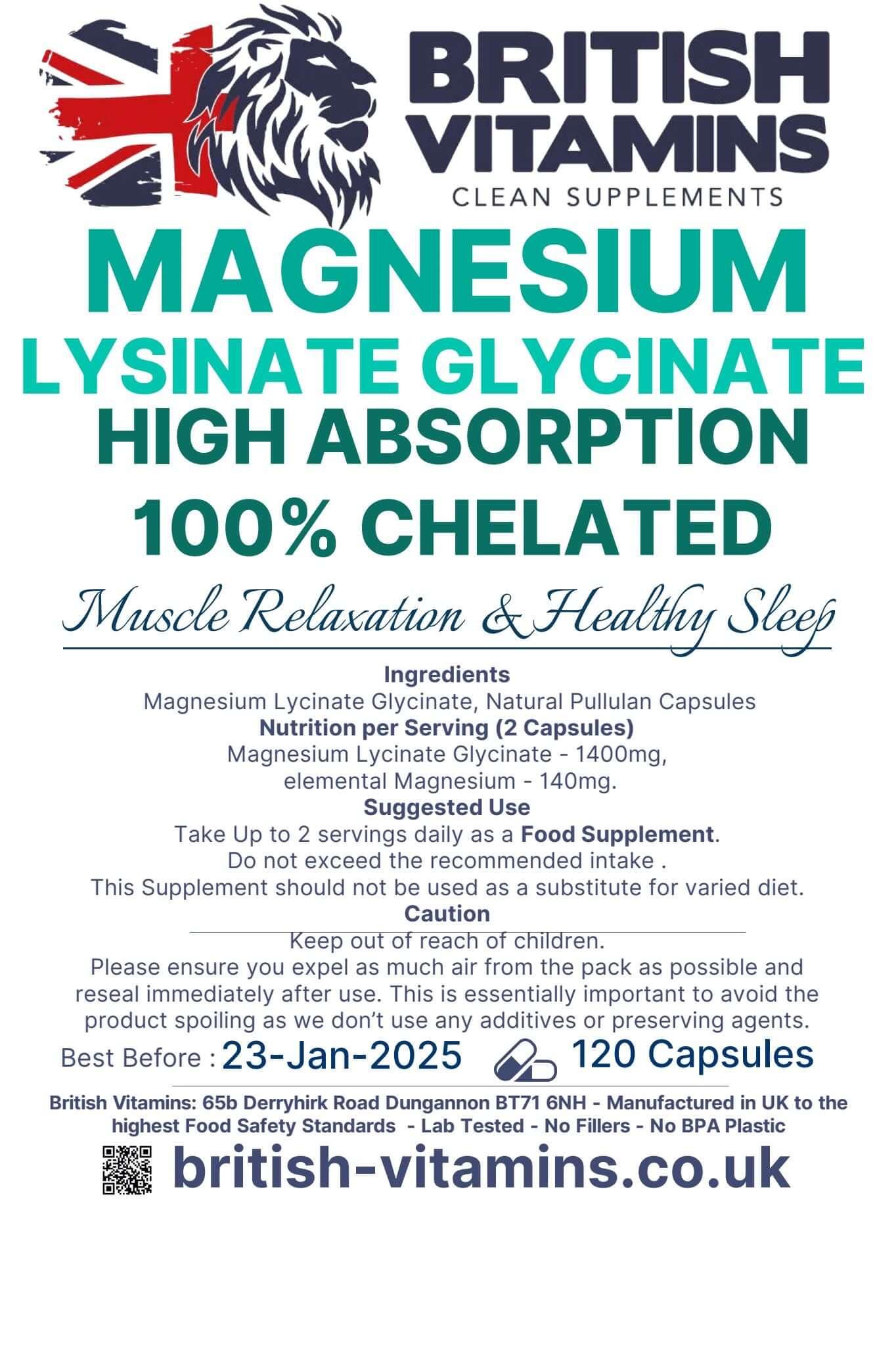 Magnesium Lysinate -Glycinate 100% Chelated Health & Beauty:Vitamins & Lifestyle Supplements:Vitamins & Minerals British Vitamins   