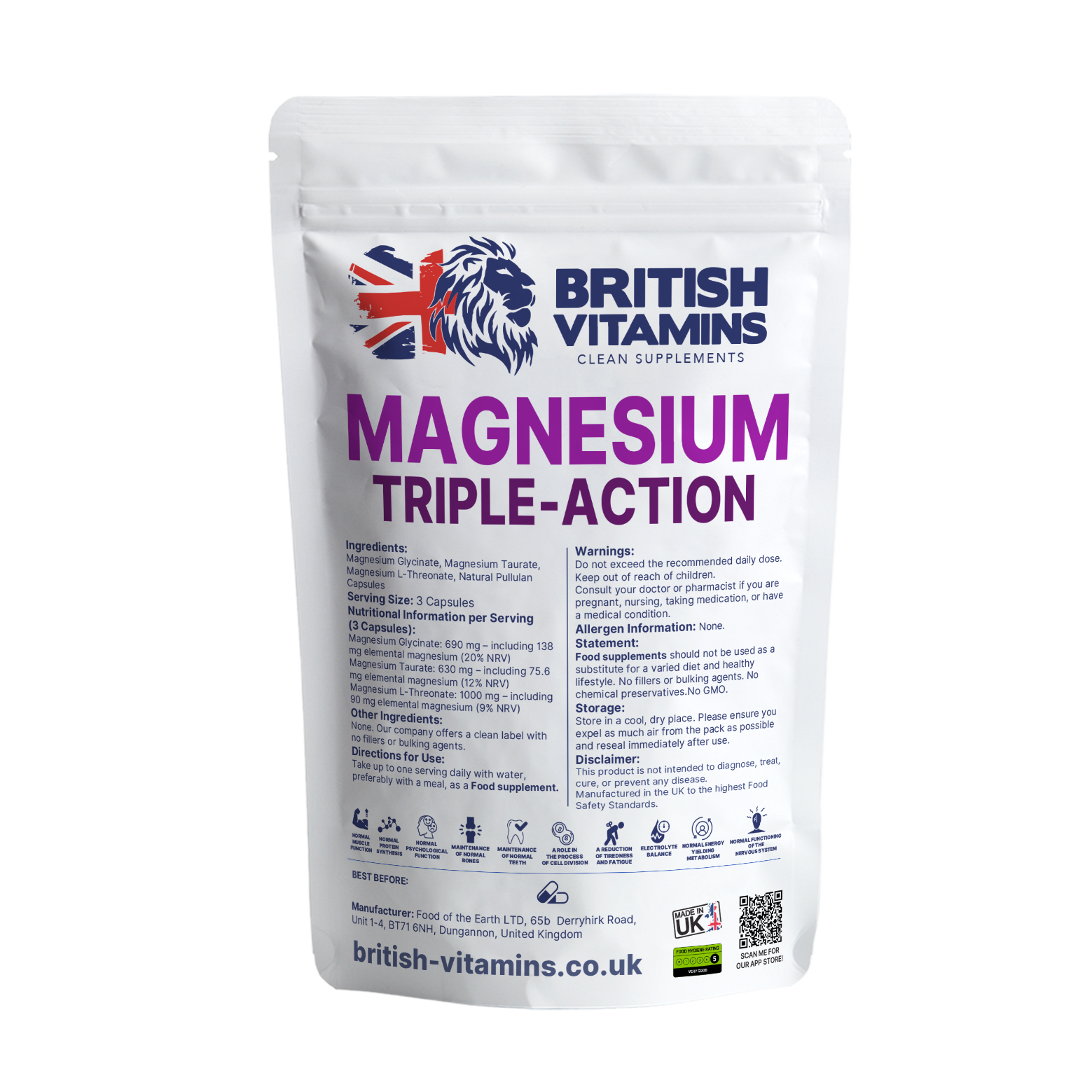 Magnesium Triple-Action Magnesium L Threonate Taurate Glycinate Complex Health & Beauty:Vitamins & Lifestyle Supplements:Vitamins & Minerals British Vitamins 60 Capsules  