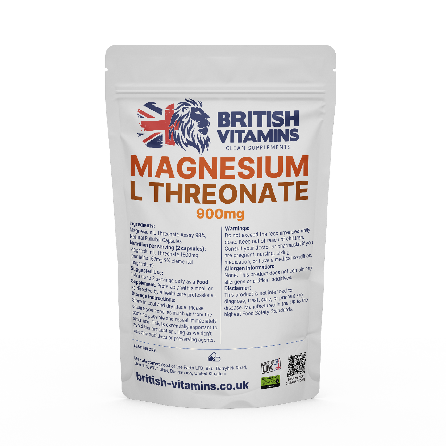 Magnesium L Threonate 900mg 9% elemental magnesium Health & Beauty:Vitamins & Lifestyle Supplements:Vitamins & Minerals British Vitamins 30 Capsules