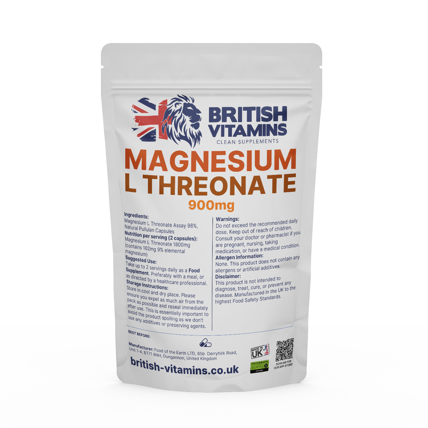 Magnesium L Threonate 900mg 9% elemental magnesium Health & Beauty:Vitamins & Lifestyle Supplements:Vitamins & Minerals British Vitamins 30 Capsules